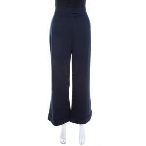 Escada Navy Blue Stretch Wool Crepe Belted High Waist Wide Leg Pants L