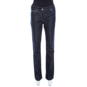Escada Navy Blue Glitter Denim High Rise Straight Leg Jeans S