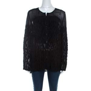 Escada Black Velvet Dobby Sheer Crepe Button Front Blouse M