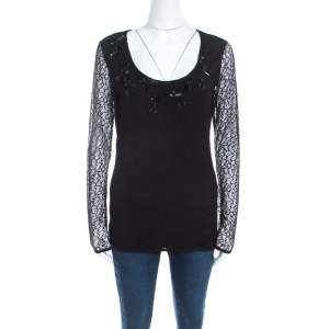 Escada Black Lace Overlay Jersey Crystal Embellished Scoop Neck Erbrou Top XL