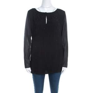 Escada Black Pintucked Pleat Silk Crystal Embellished Long Sleeve Blouse M