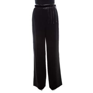 Escada Black Wool Crepe Faux Leather and Velvet Trim Wide Leg Pants XL