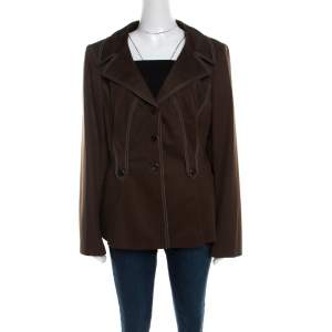 Escada Military Green Cotton Topstitch Detail Button Front Blazer XL