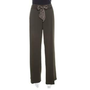 Escada Military Green Wool Crepe Satin Waist Tie Detail Wide Leg Pants L