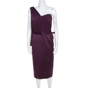 Escada Aubergine Draped Bodice Detail Asymmetric Sleeve Corsagenkleid Sheath Dress M