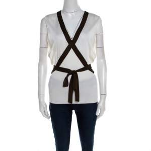 Escada Cream Knit Contrast Tie Up Trim Sleeveless Top L