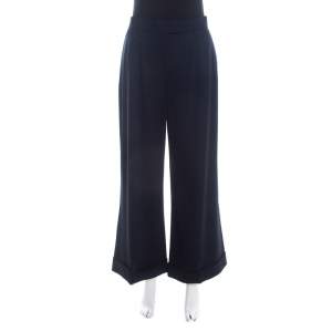Escada Navy Blue Stretch Wool Crepe High Waist Wide Leg Trousers XL