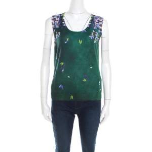 Escada Green Digital Floral Print Silk Wool Sleeveless Top M