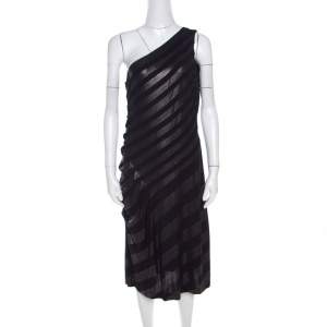 Escada Navy Blue Striped Foil Print Jersey Draped One Shoulder Eyline Dress L