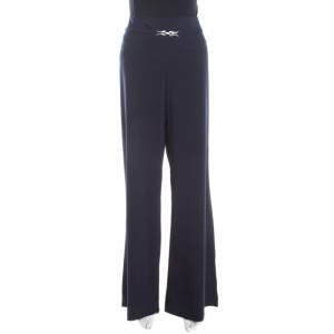 Escada Navy Blue Stretch Wool Crepe High Waist Wide Leg Trousers XL