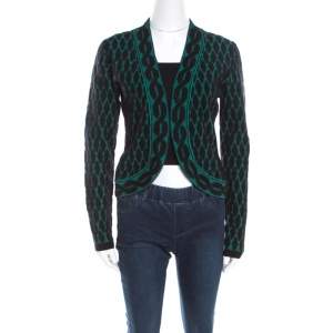 Escada Black and Green Jacquard Knit Open Front Sayakah Cardigan S