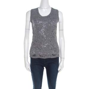 Escada Flannel Grey Wool Cord Embroidered Sleeveless Schulamit Top S