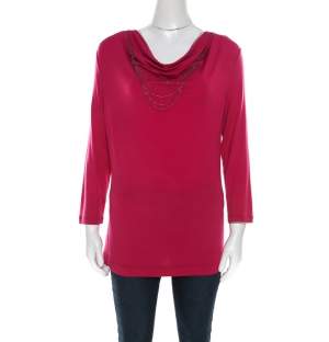 Escada Tourmaline Pink Knit Chain Detail Cowl Neck Ewpenia Top M