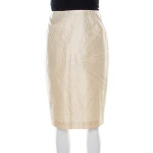 Escada Buttercream Paneled Stripe Print Silk Pencil Skirt M