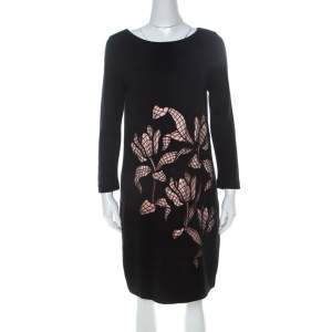 Escada Black Rib Knit Floral Cut Out Overlay Elcami Long Sleeve Dress M