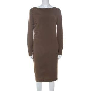 Escada Olive Green Crepe Side Pleated Long Sleeve Shift Dress M 