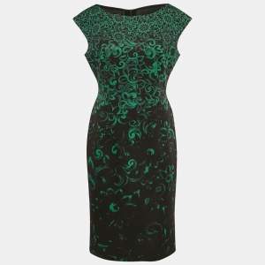 Pre Owned Escada Black/Green Floral Print Neoprene Midi Dress L