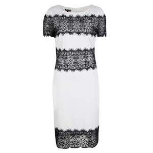 Escada Monochrome Scallop Lace Panel Detail Short Sleeve Dress XS