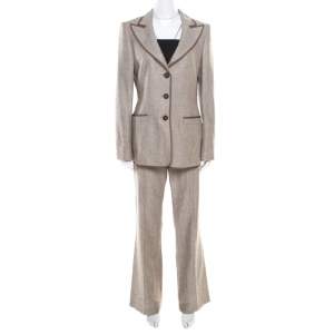 Escada Brown Textured Cotton and Silk Blend Tailored Pant Suit M