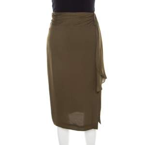 Escada Moss Green Silk Gathered Waistband Pencil Skirt L