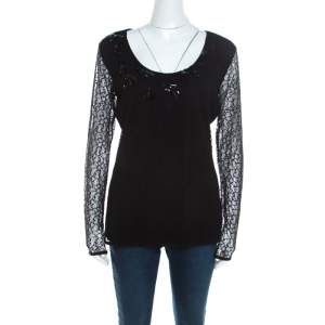 Escada Black Lace Overlay Jersey Crystal Embellished Scoop Neck Erbrou Top M