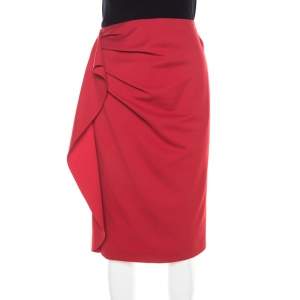 Escada Lacquer Red Stretch Knit Draped Ranani Pencil Skirt M