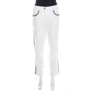 Escada White Contrast Embroidered Denim Straight Fit Jeans L