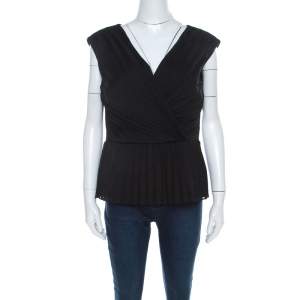 Escada Black Crepe Sleeveless Pleated Peplum Blouse L