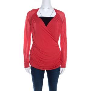 Escada Lipstick Red Stretch Knit Draped Faux Wrap Bodice Top M