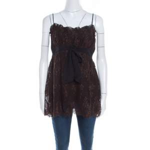 Escada Brown Floral Cotton Lace Babydoll Top L