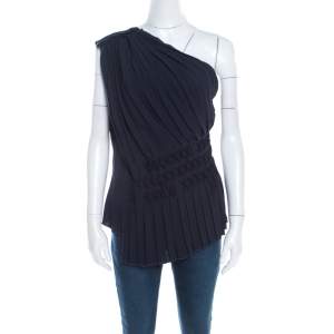 Escada Navy Blue Pleated Crepe Honeycomb Smocking Detail One Shoulder Nienke Top M