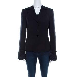 Escada Navy Blue Crepe Wool Embroidered Cuff Trim Button Front Blazer M