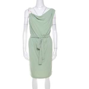 Escada Pistachio Green Crepe Contrast Trim Draped Sleeveless Doutzen Dress M