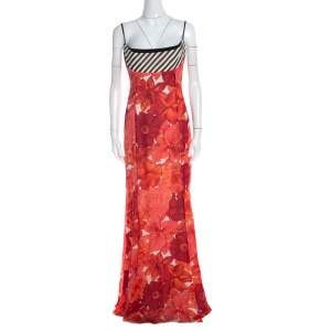 Escada Pink Floral Print Silk Corset Bodice Flared Abendkleid Maxi Dress M