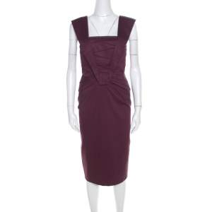 Escada Purple Cotton Stretch Pleated Bodice Detail Sleeveless Pencil Dress M