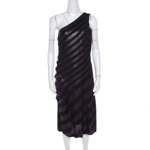 Escada Navy Blue Striped Foil Print Jersey Draped One Shoulder Eyline Dress M