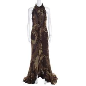 Escada Green and Brown Fauna Print Plisse Silk Ruffled Halter Maxi Dress M