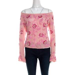Escada Pink Tulle Overlay Floral Embellished Off Shoulder Blouse L