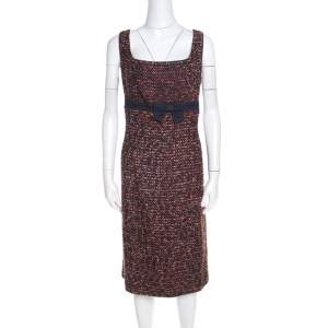 Escada Multicolor Tweed Denim Bow Detail Sleeveless Shift Dress XL
