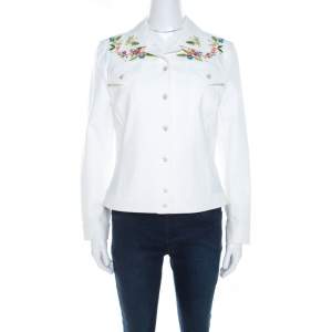 Escada White Denim Floral Embroidered Jacket M 