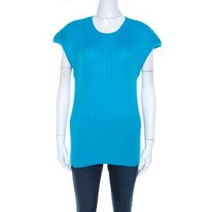 Escada Blue Cotton Ribbed Knit Crew Neck Top L