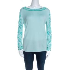 Escada Mint Green Knit Embellished Long Sleeve Top L 
