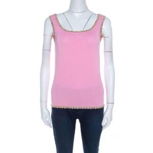 Escada Baby Pink Stretch Knit Sequined Lace Trim Sleeveless Top M