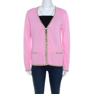 Escada Pink Knit Sequined Lace Trim Button Front Cardigan M  