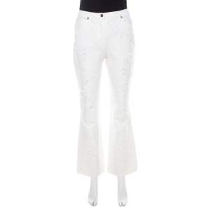 Escada White Cotton Denim Sequined Rosette Applique Flared Jeans M