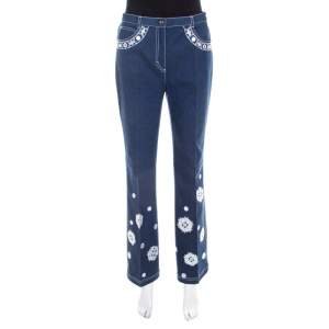 Escada Dark Blue Cotton Stretch Denim Embroidered Floral Motif Flared Jeans M 