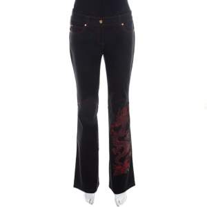 Escada Black Stretch Denim Dragon Embroidered Flared Jeans M 