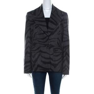 Escada Grey Cashmere Wool Animal Pattern Single Button Blazer M 