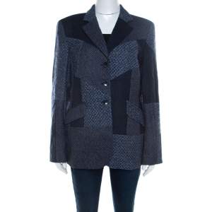 Escada Navy Blue Wool Blend Patchwork Blazer XL 
