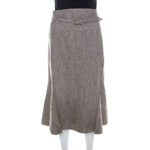 Escada Grey Silk and Wool Textured Belted Godet Skirt XXL